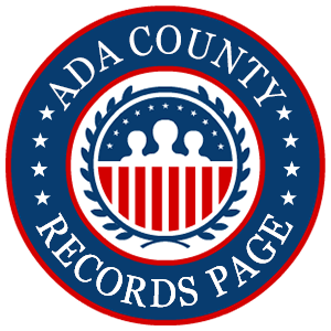 A round red, white, and blue logo with the words 'Ada County Records Page' for the state of Idaho.