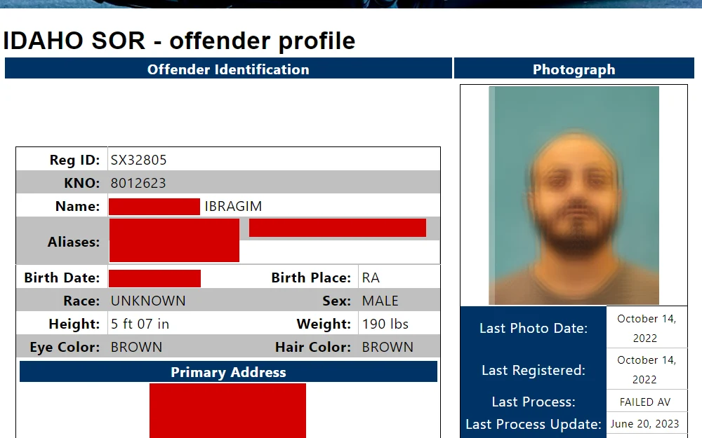 A screenshot of an offender's profile from the Idaho Sex Offender Registry where concerned individuals in Ada County can opt for the county search and may review the offenders found within the county.