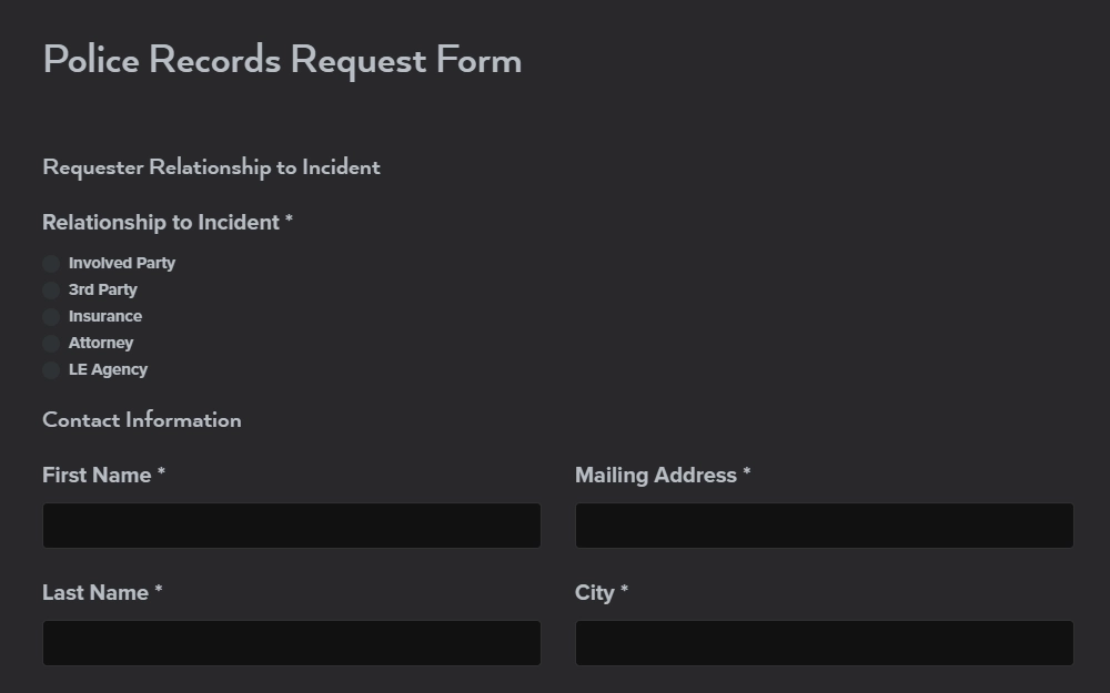 A screenshot of the Police Records Request form that can be used to obtain arrest records through city police departments if they were the arresting agency.