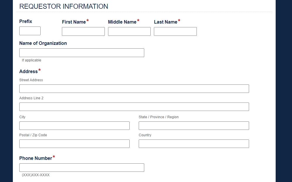 A screenshot of a public request form that can be used by requesters to obtain information from the sheriff's office in Ada County.