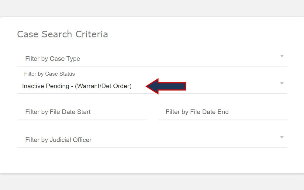Screenshot of the case search criteria showing drop-down menus for filtering, including case type, case status, file end and start dates, and judicial officer.