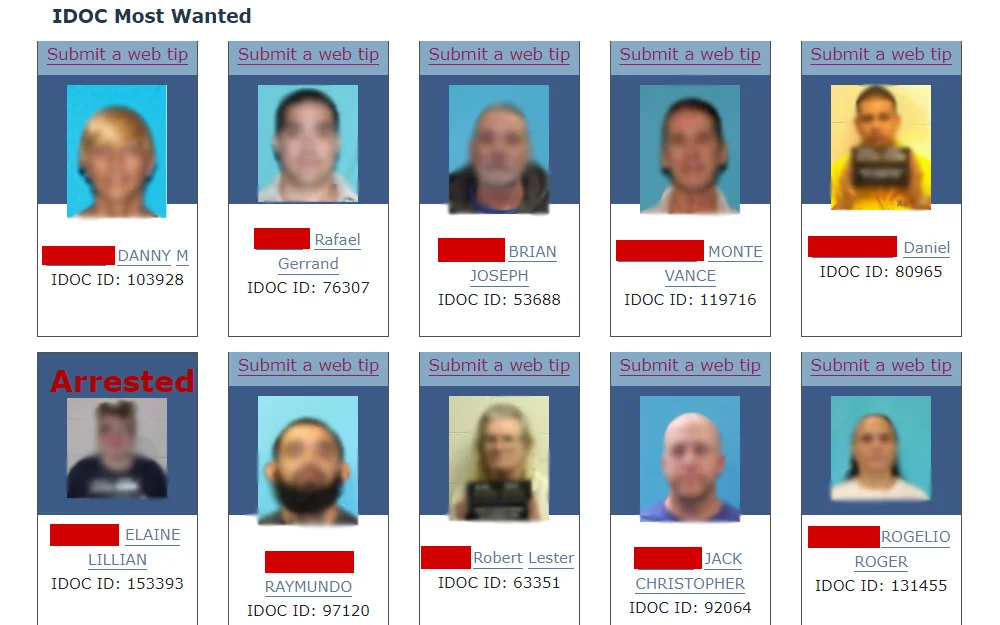 Screenshot of the overview of the most wanted in Idaho, displaying the fugitives' mugshots, full names, and inmate numbers.