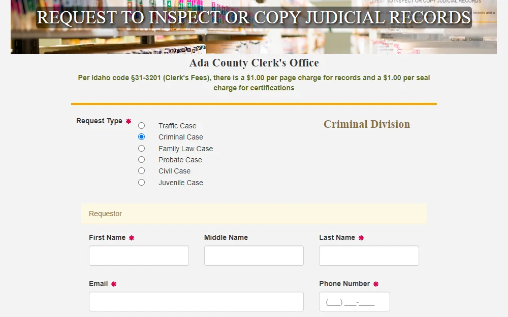 Screenshot of the online form for judicial records copy request showing fields for requestor information, options for request type, and a short note for fees.