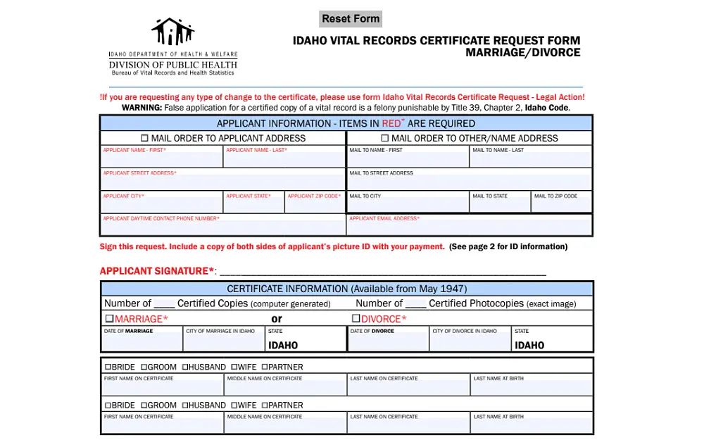 A screenshot displaying an Idaho vital records certificate request form of marriage or divorce requiring information such as applicant's first and last name, street address, city, state, ZIP code, daytime contact or phone number and others.