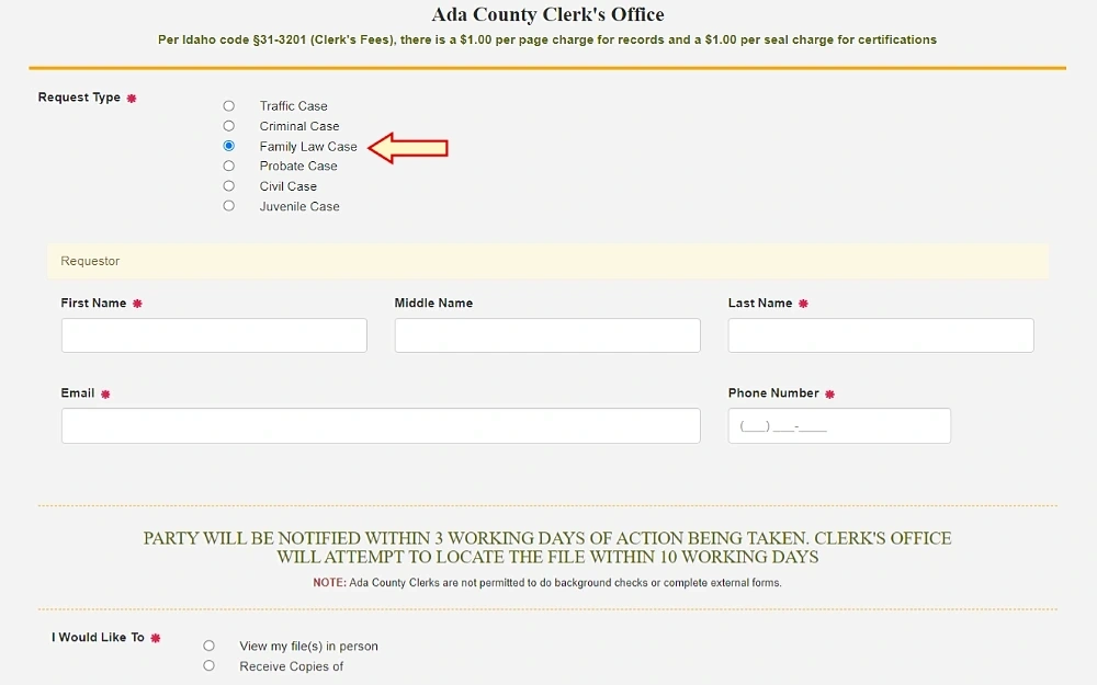 A screenshot showing CAR public request online form requiring details such as request type, first, middle and last name, email address, phone number and others from Ada County Clerk’s Office website.