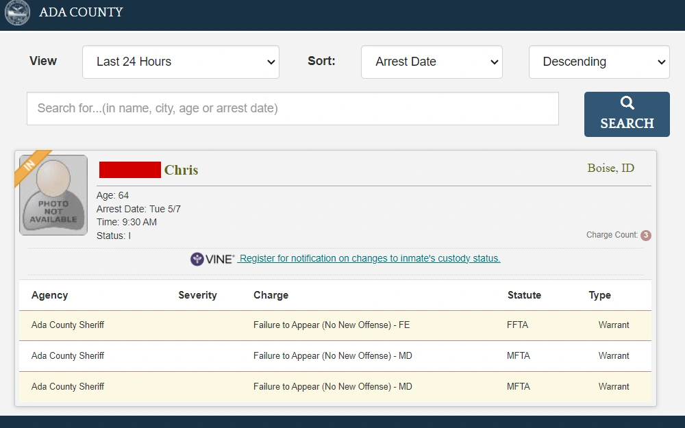 A screenshot from the Ada County Sheriff's Office displays drop-down menus for filtering the list, an input bar for criteria search, and an arrestee's information, including the following: name, age, arrest time and date, status, charge count, agency, severity of offense, charge, statute, and type of event.