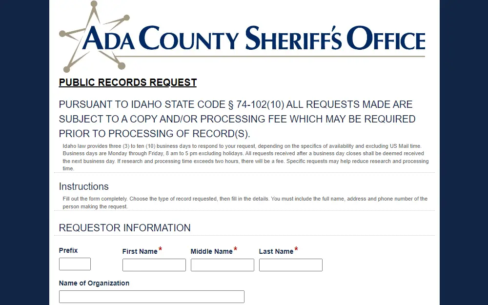 A screenshot of the online form for public records requests displays the state code the form adheres to, a reminder about the average response time, and the instructions for the form, followed by the input fields for requester information such as the full name or name of the organization.