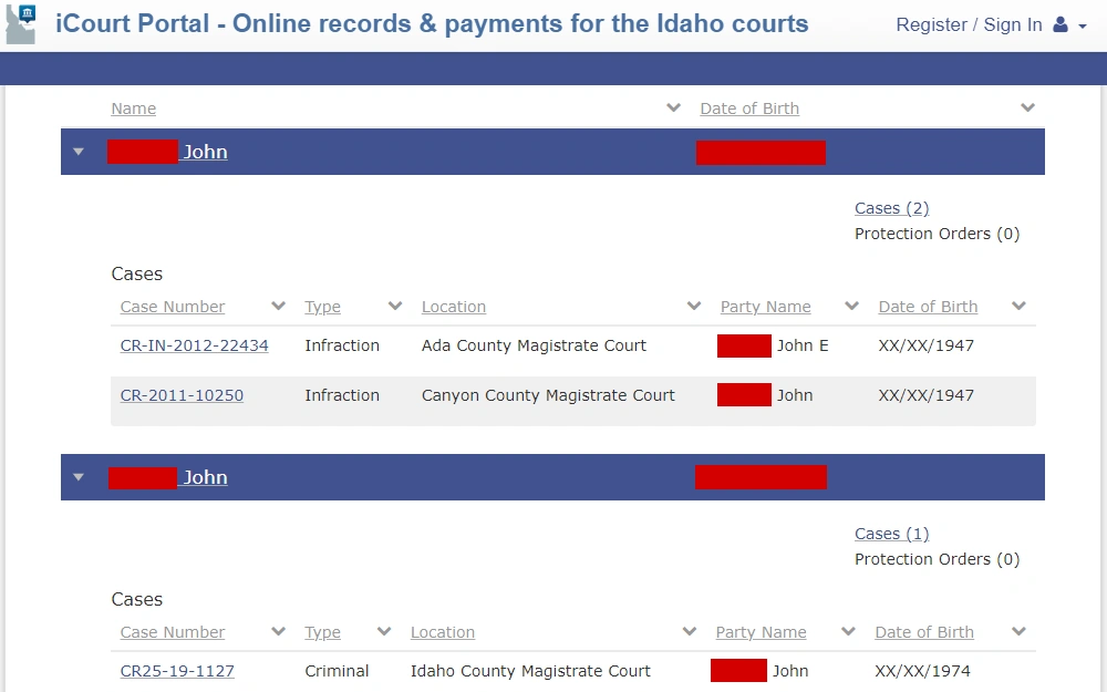 A screenshot from the iCourt Portal provided and maintained by Idaho Courts displays search results with the following information: party name, date of birth, case number, type, and location.