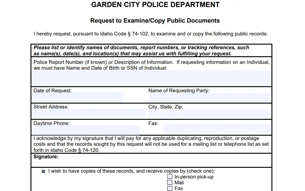 A screenshot of the Garden City Police Department's Request to Examine/Copy Public Documents form that must be completed to obtain a specific record.