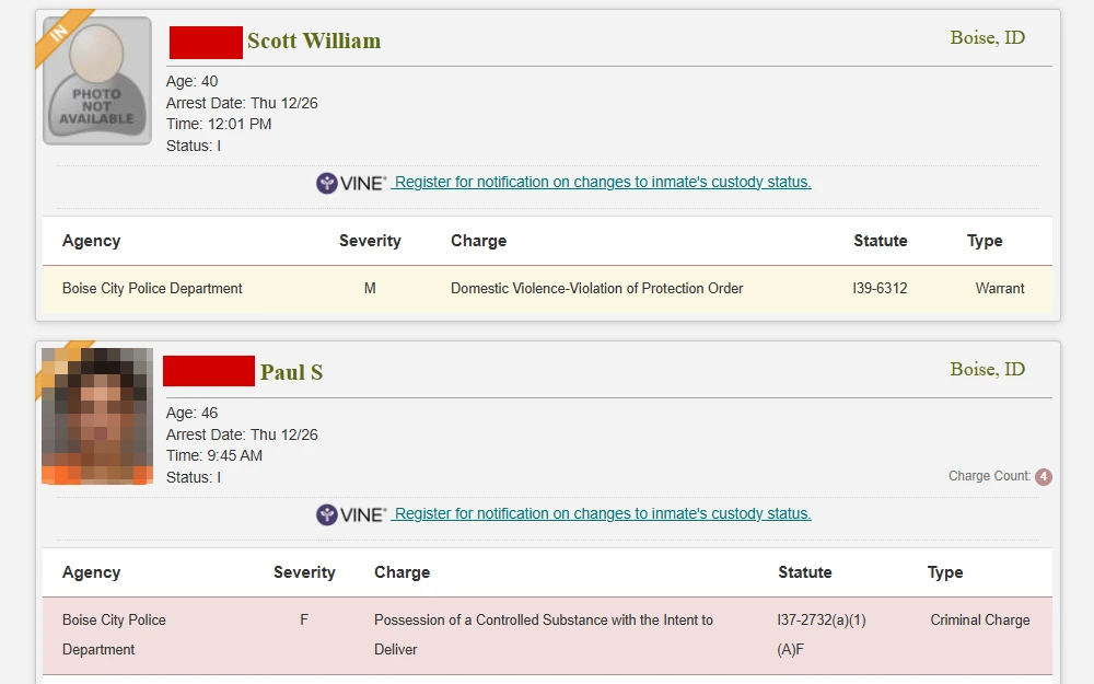 A screenshot of the current arrest list provided by the Ada County Sheriff's Office showing each arrestee's mugshot, full name, age, arrest date and time, status, and offense details.